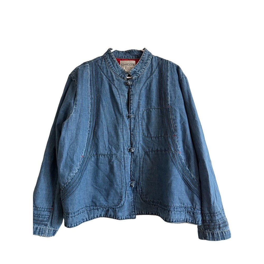 Vintage Chico's Denim Jacket Womens 3 Blue Silk Lined Long Sleeve Eye
